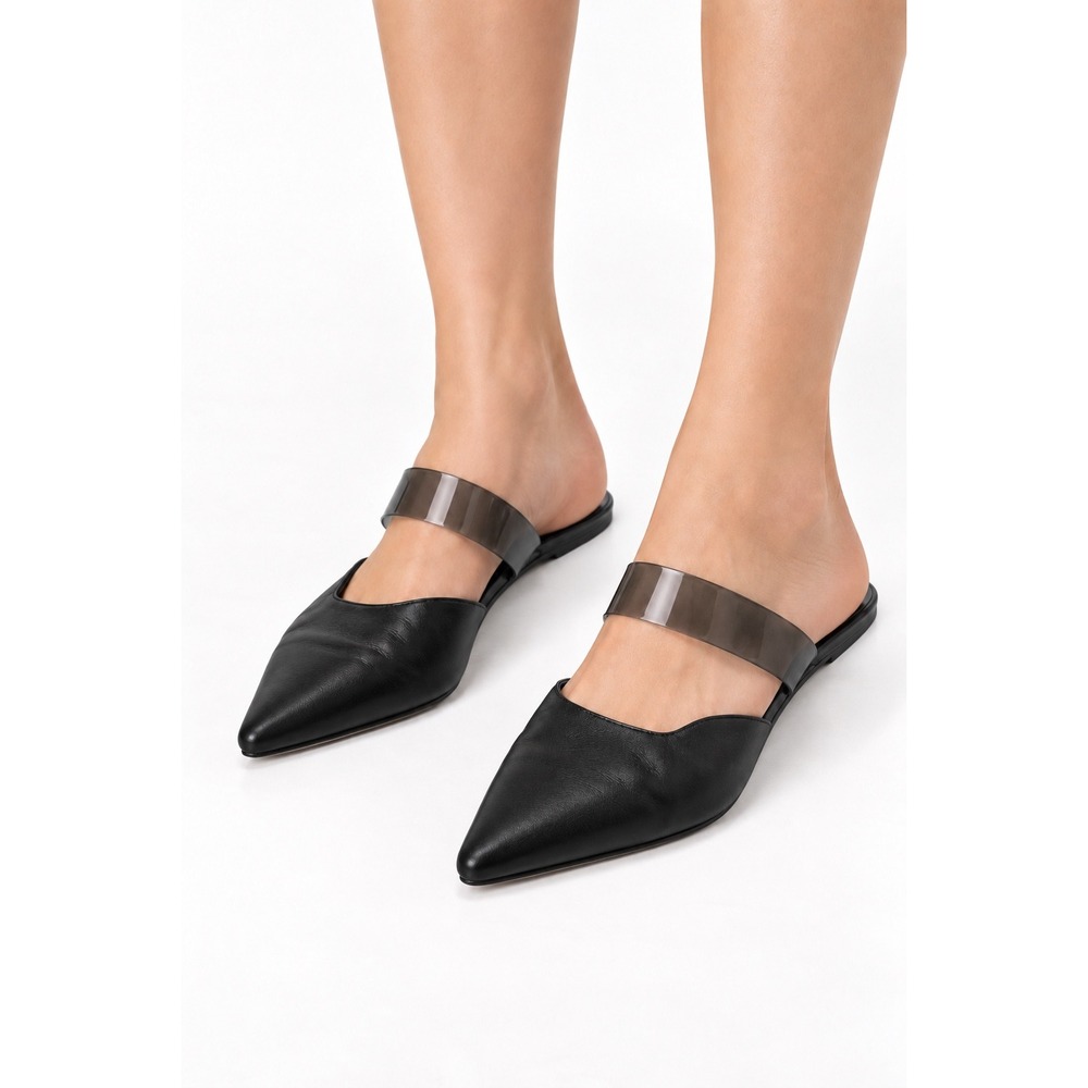 All Black Pointed Toe Black Leather Clear Strap Flat Mules Women's Size US 7